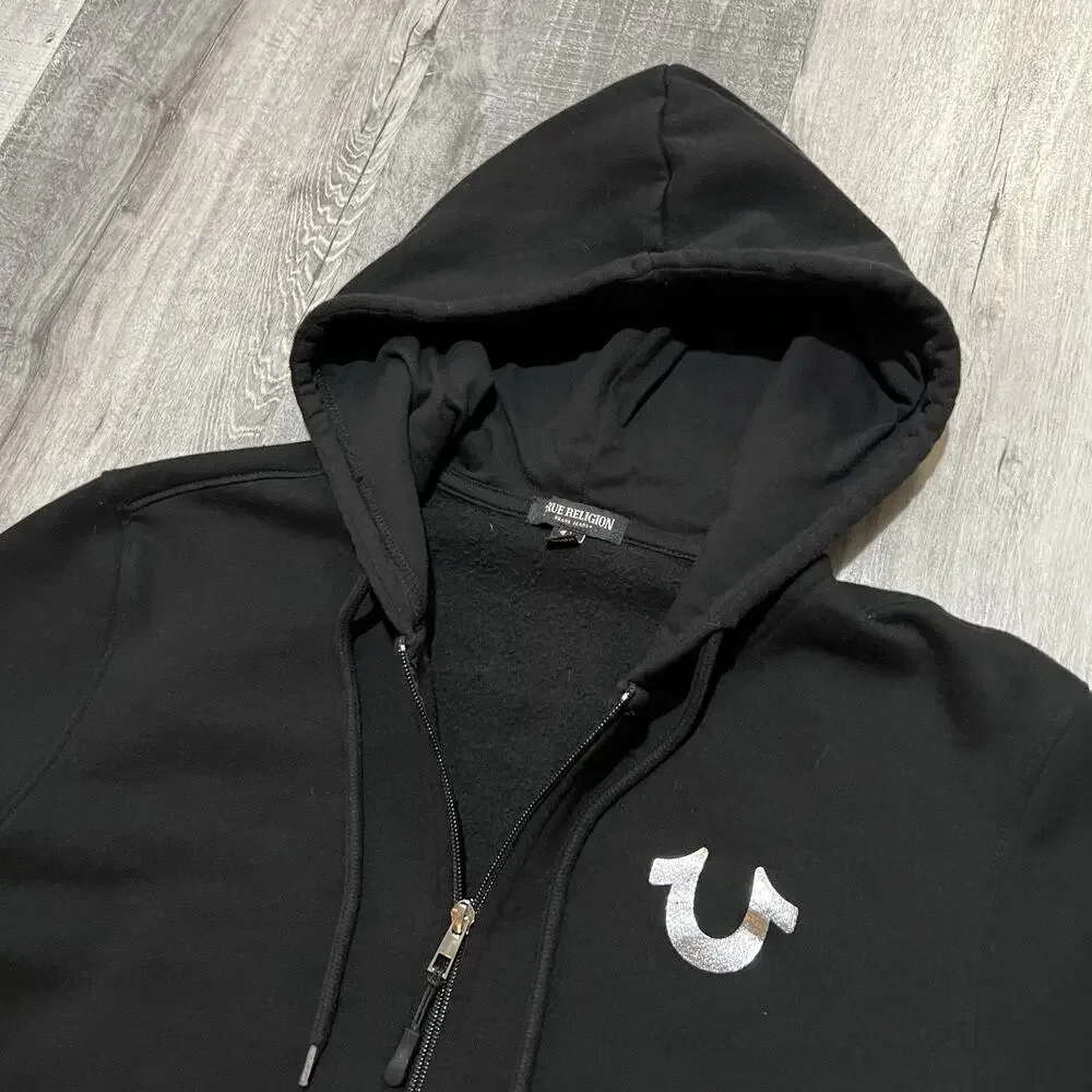 True Religion Metallic City Buddha Zip Up Hoodie Medium Black Womens Sz L